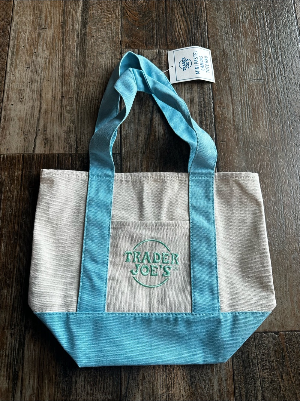 NWT Trader Joe's Mini Pastel Canvas Tote Bag Reusable Blue/Beige Travel Grocery